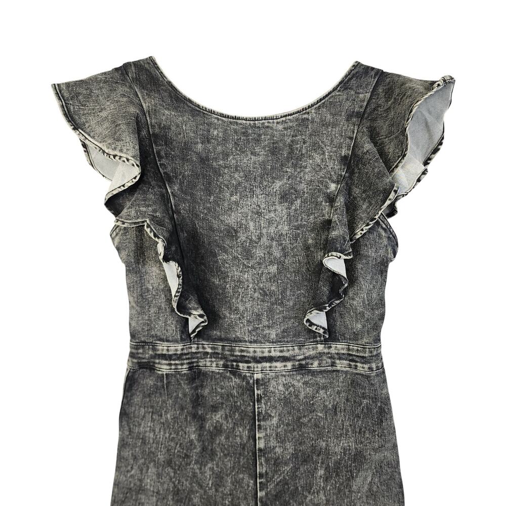 Vici Womens Jonesy Flared Leg Denim Jumpsuit Size Medium Black Acid Wash Ruffle - Picture 3 of 14